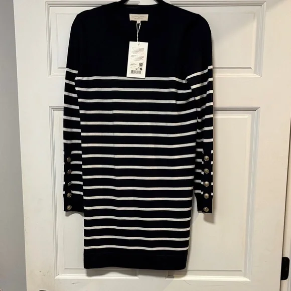 NWT Sezane Paola Navy and White Striped Dress with Button Accents - Picture 3 of 5